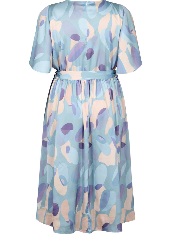 Short sleeve satin dress with print and tie, Gray mist AOP, Packshot image number 1