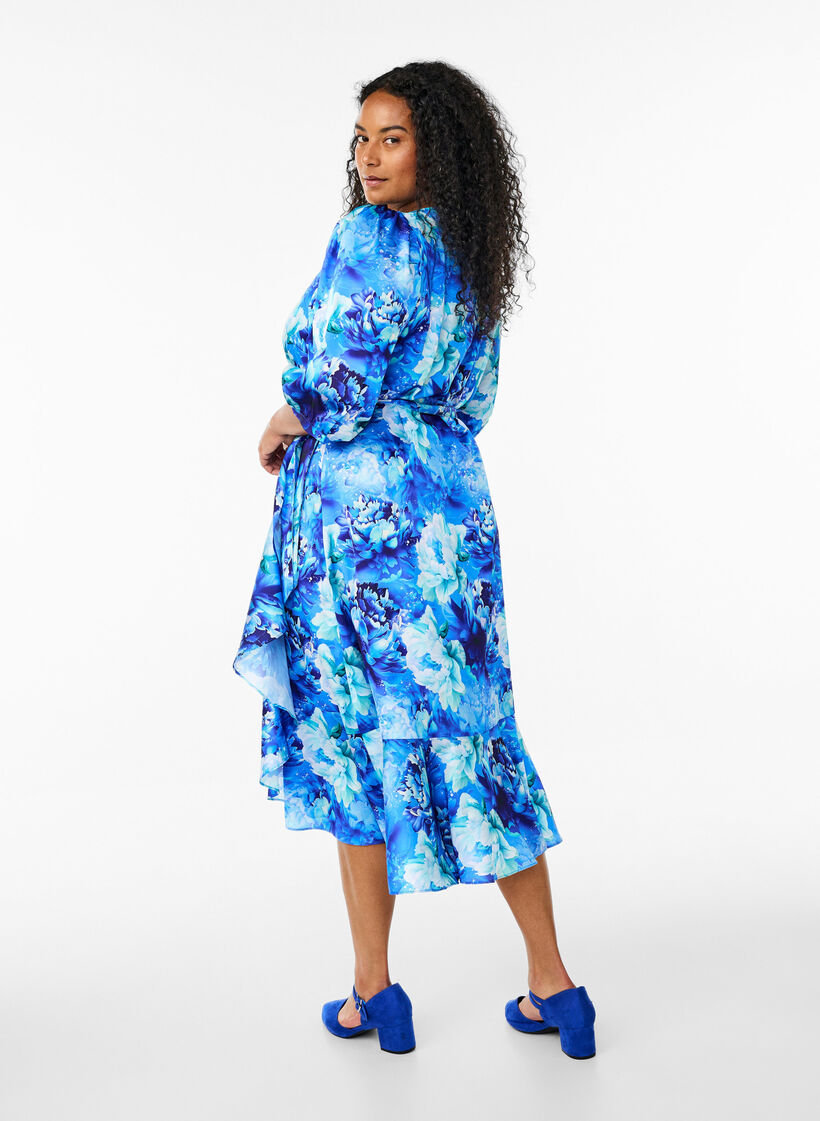 Floral wrap dress with 3/4 sleeves, Blue, Model image number 2