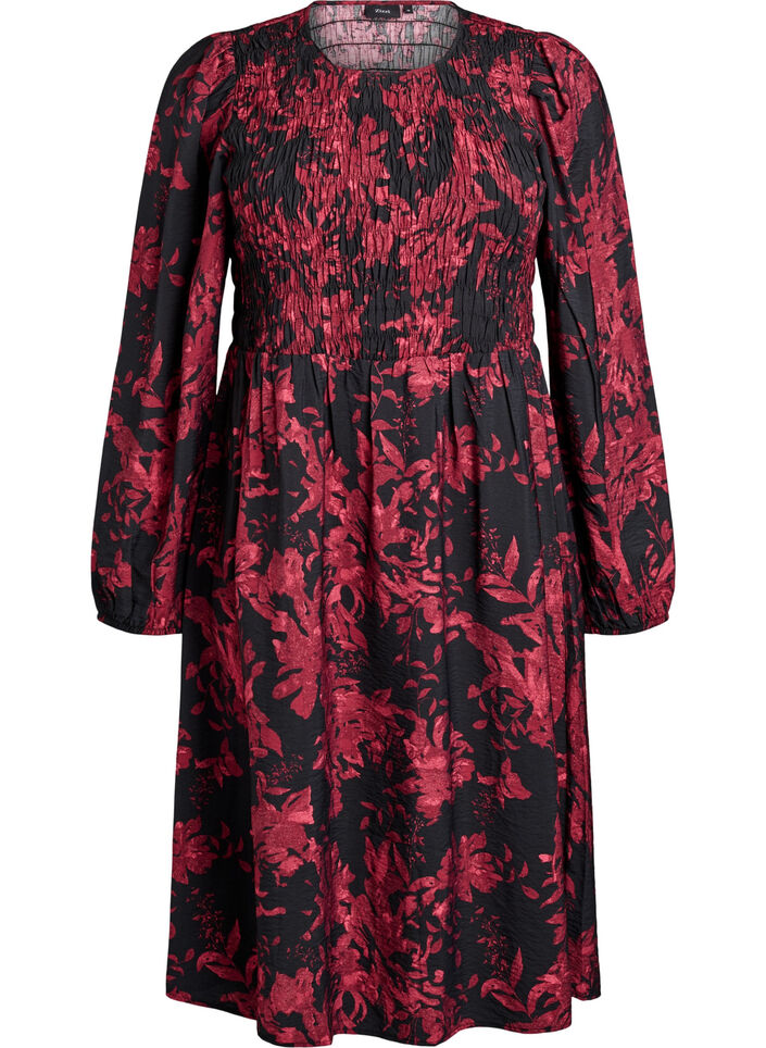 Floral dress with a smocked top, Black, Packshot image number 0