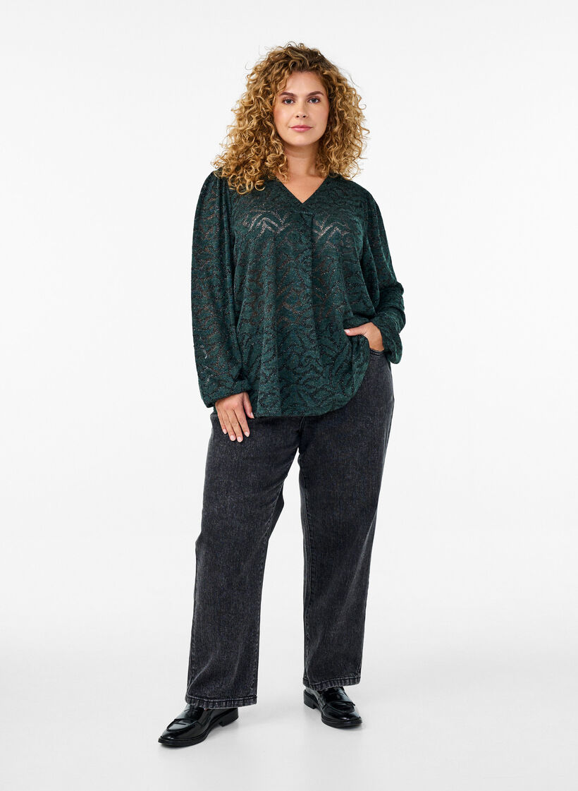 Long-sleeved blouse with glitter and pattern, Green, Model image number 1