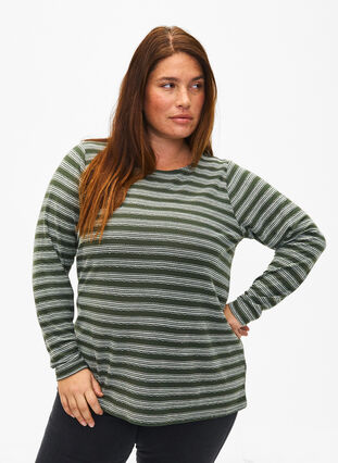 Long sleeve blouse with striped pattern, Thyme w. Stripe, Model image number 0
