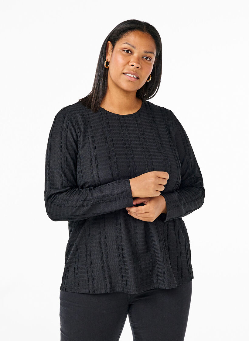 Long-sleeved blouse with texture, Black, Model image number 0