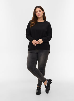 Knitted ribbed sweater with slit, Black, Model image number 2