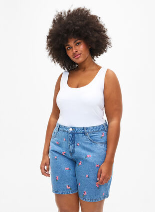 Denim shorts with embroidered flowers, Light Blue AOP, Model image number 0