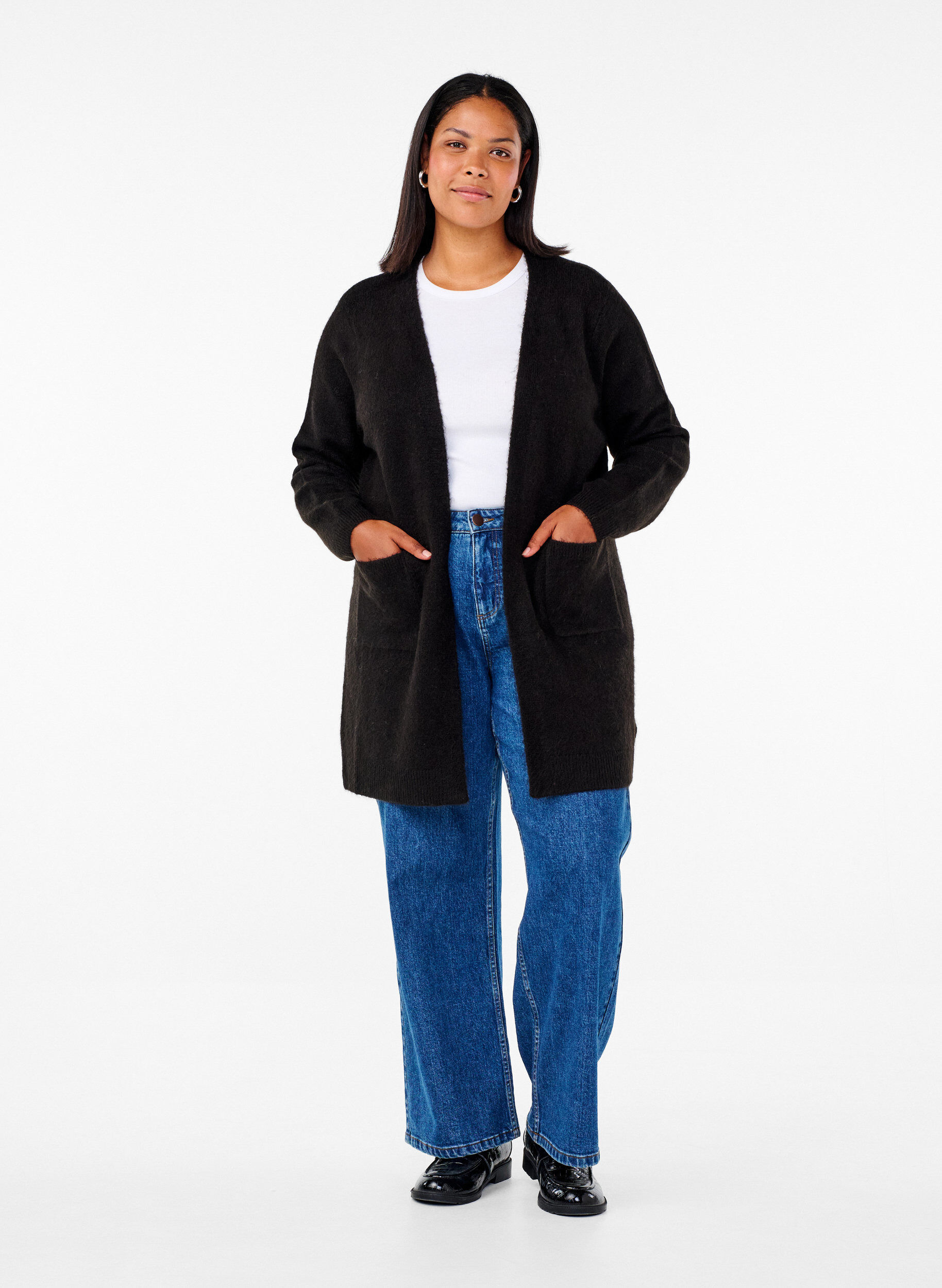 Zizzifashion Long knitwear cardigan with pockets, Black, Model image number 1