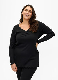 Ribbed blouse with long sleeves and V-neck, Black, Model