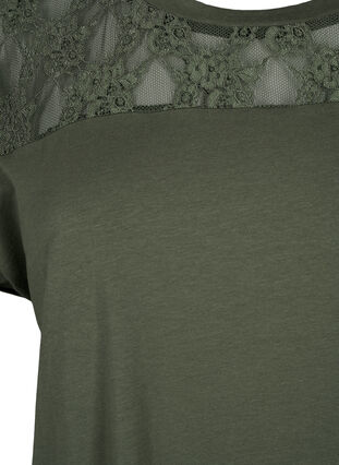 Short-sleeved cotton t-shirt with lace, Thyme, Packshot image number 2