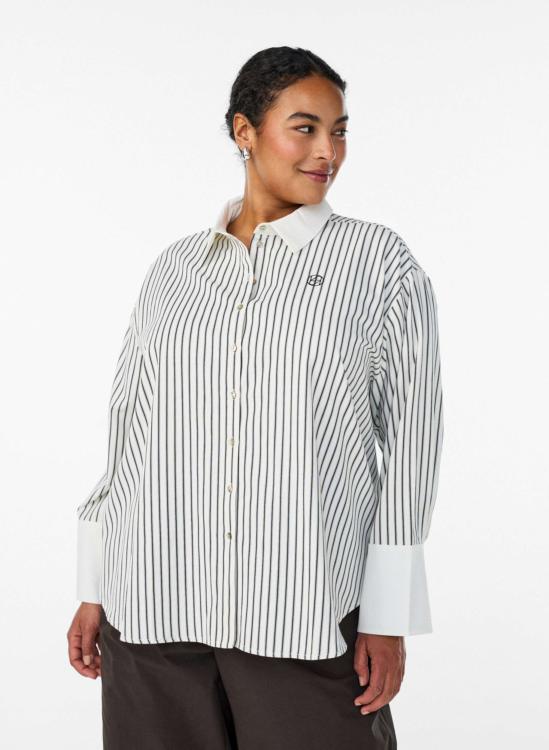 Loose striped shirt with wide cuffs, White, Model