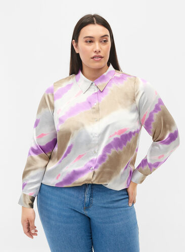 Colourful shirt in satin look, Watercolor, Model image number 0