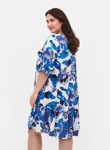 Viscose dress with print and half-length sleeves, Bright White AOP LE, Model image number 1