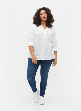 Shirt blouse in cotton with a v-neck, Bright White, Model image number 2