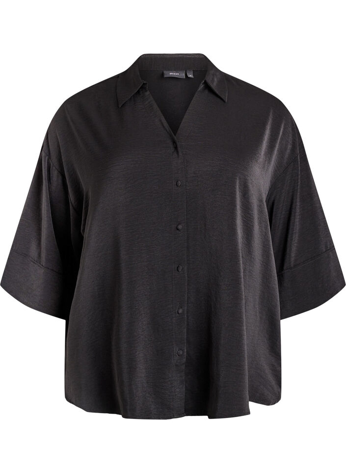 Loose shirt with a v-neck and 3/4 sleeves, Black, Packshot image number 0