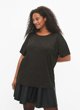 Short-sleeved viscose blouse with glitter, Black Shimmer, Model image number 0