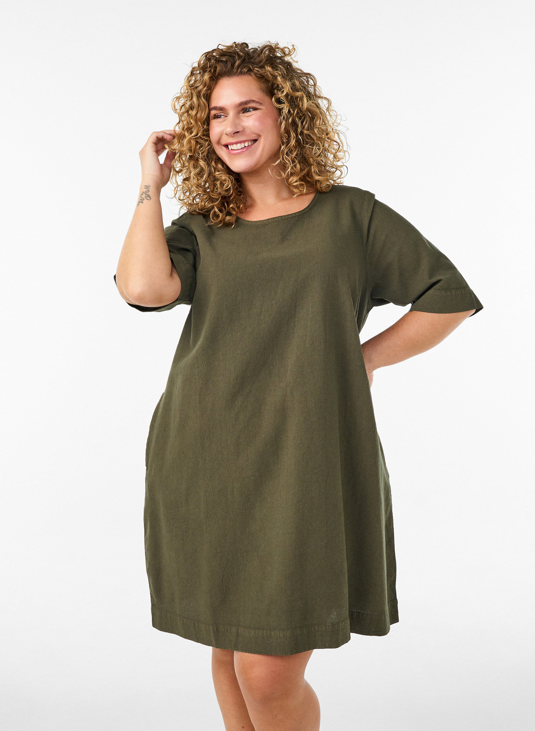 ZizzifashionCotton dress with short sleeves and pockets, Green, Model image number 0