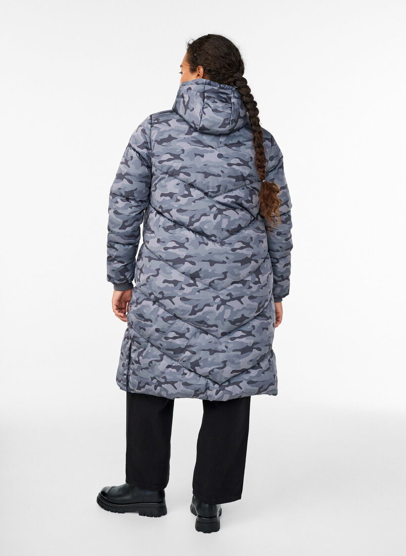 Long camouflage puffer jacket, Dark Grey, Model image number 2