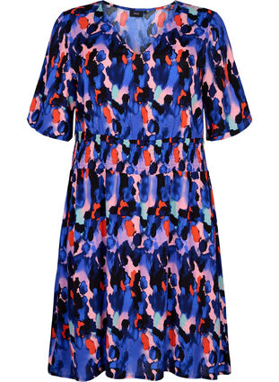 Printed viscose dress with smock, Colorful Animal, Packshot image number 0