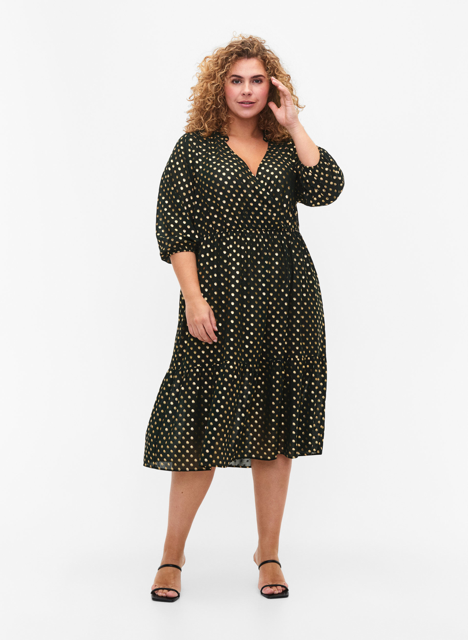 Zizzifashion Dress with dotted foil print and 3/4 sleeves, Scarab w. Gold, Model image number 2