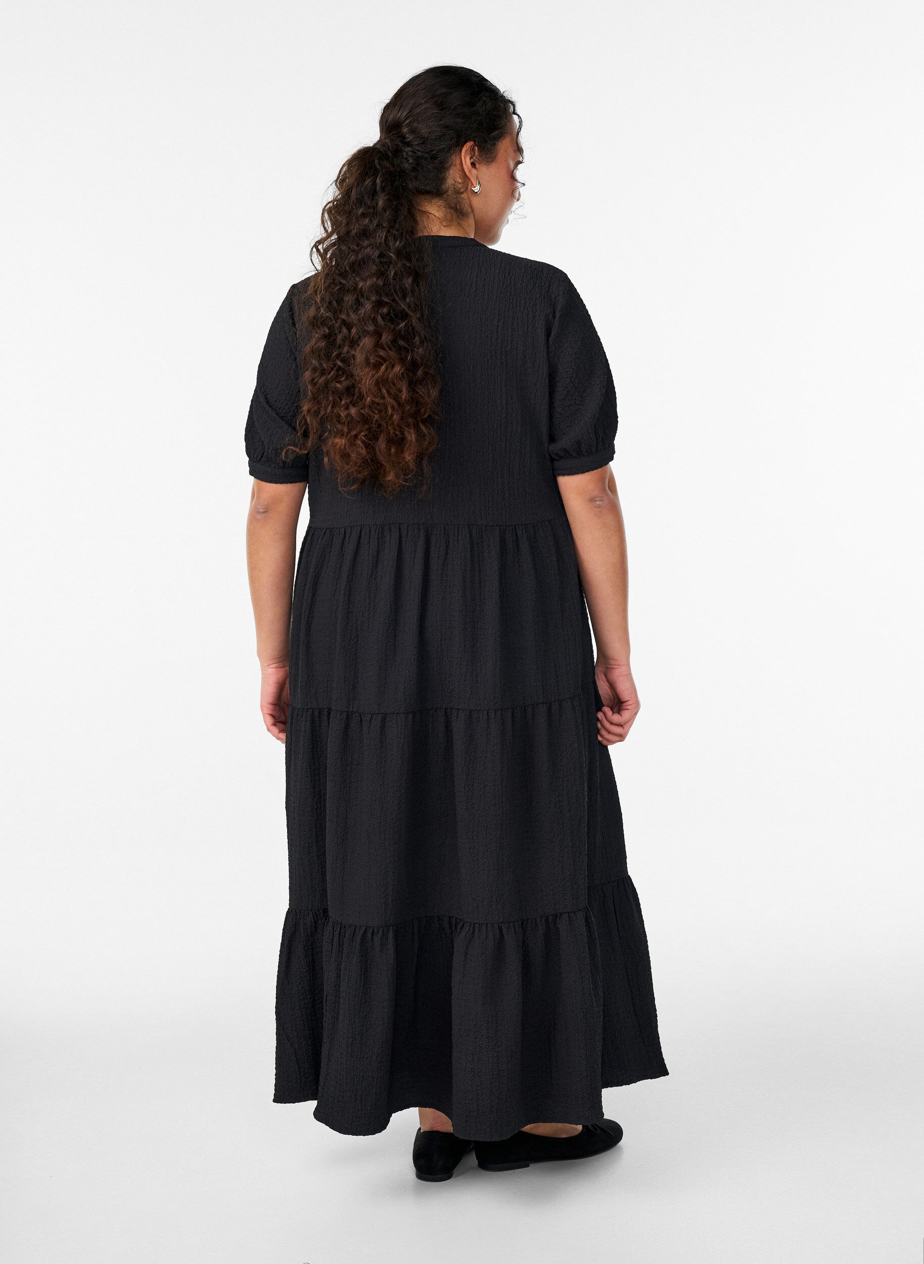 ZizzifashionAnkle-length dress with short sleeves and tiered ruffles, Black, Model image number 1