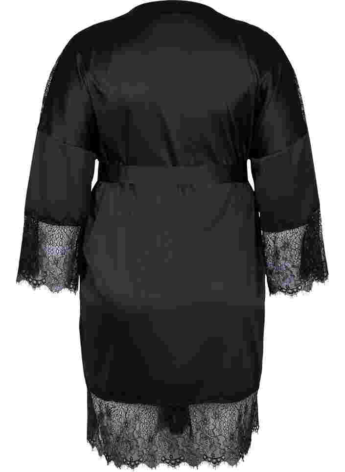 Dressing gown with lace details and tie belt, Black, Packshot image number 1