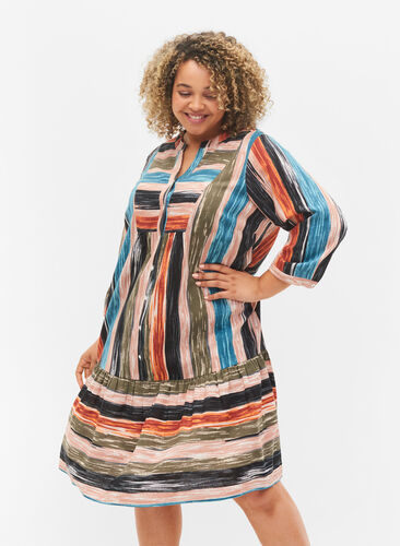 Patterned cotton dress with 3/4 sleeves, Multi Stripe AOP, Model image number 0