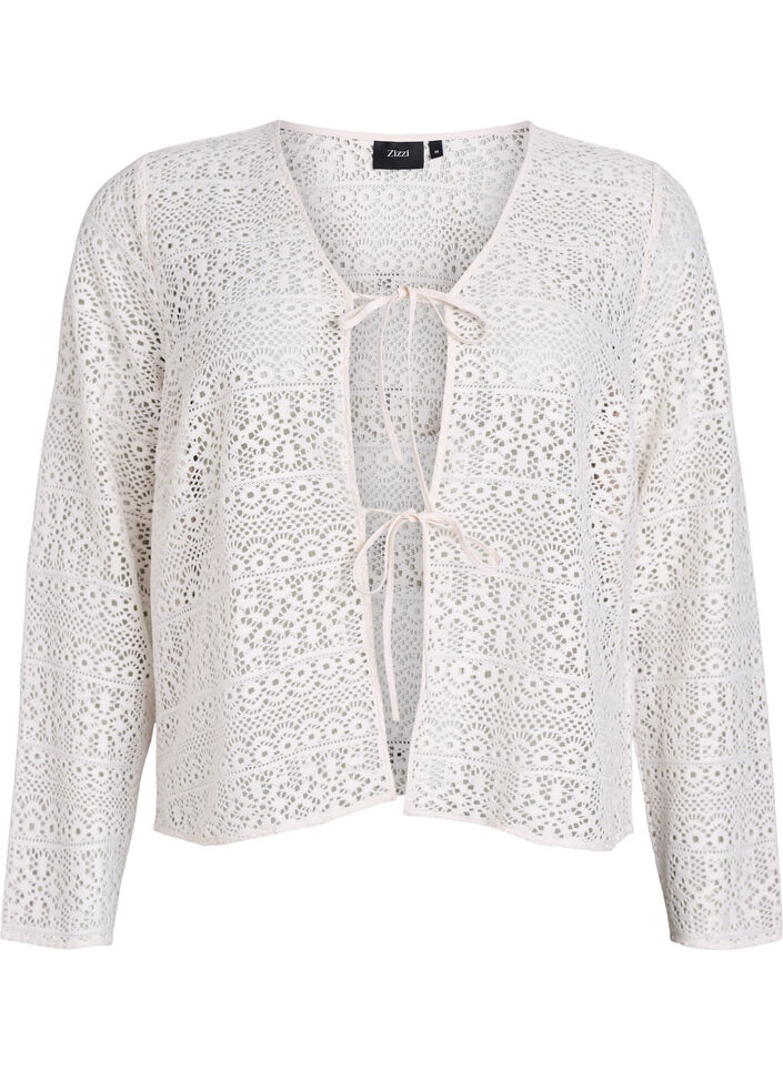 Cardigan with openwork pattern and tie strings, Vanilla, Packshot image number 0
