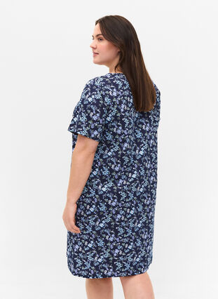 Short-sleeved cotton dress with floral print, NIGHT SKY FLOWER AOP, Model image number 1