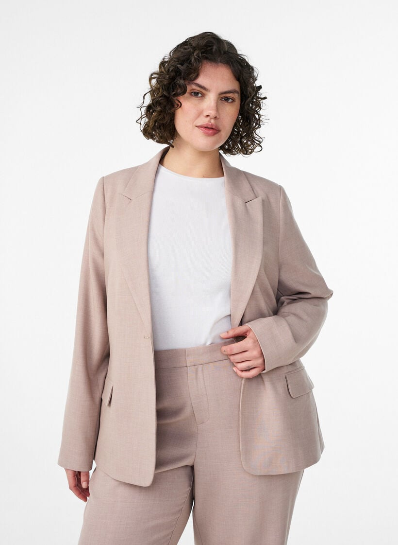 Classic blazer with single button closure and pockets, Beige, Model image number 0