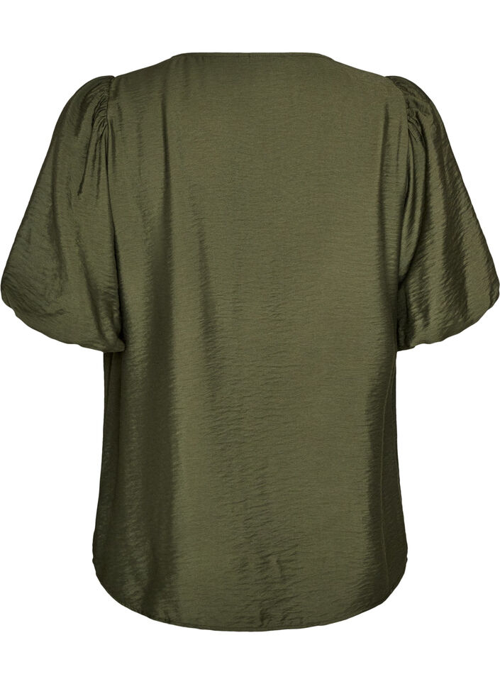 Blouse with balloon sleeves and V-neck, Green, Packshot image number 1
