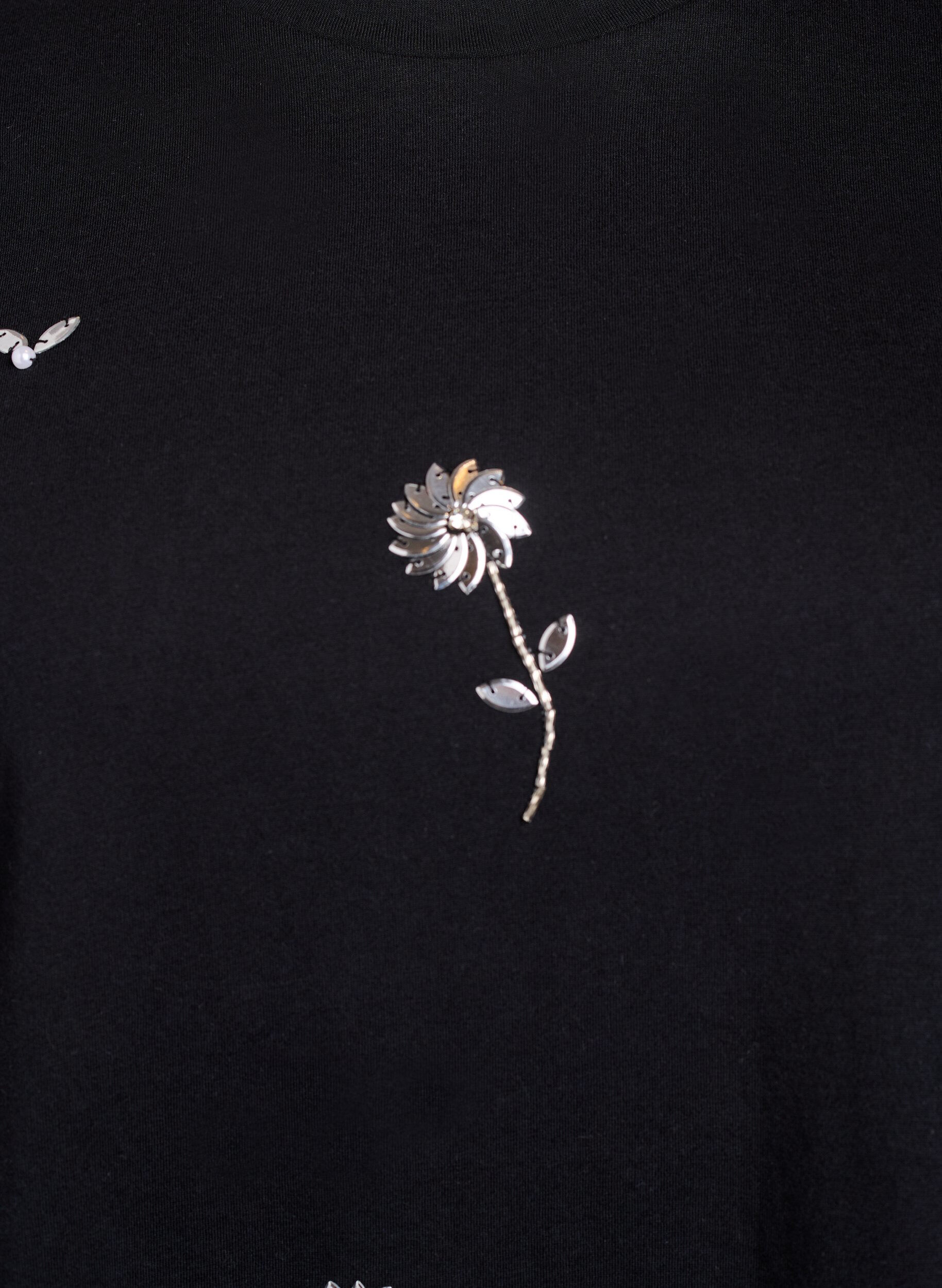Zizzifashion T-shirt with sequin flowers, Black, Packshot image number 2