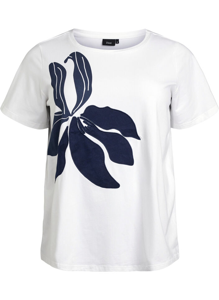 T-shirt in organic cotton with floral print, B. White w. EMB, Packshot image number 0