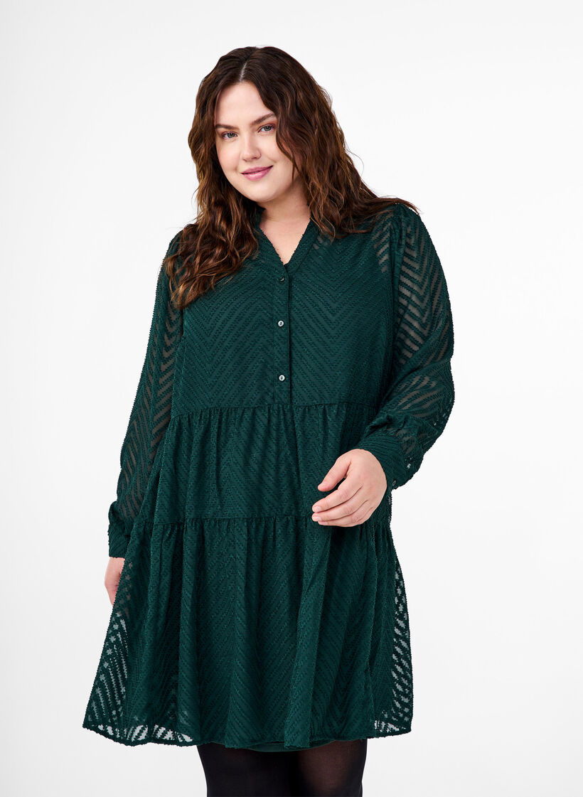 Textured short dress with a ruffle collar, Scarab, Model image number 0