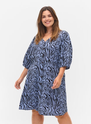Dress with buttons and 3/4 sleeves, Blue Zebra, Model image number 0