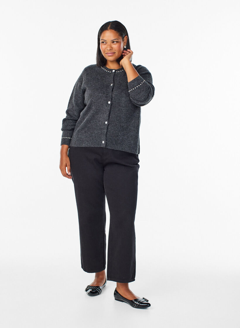 Cardigan with rhinestones and decorative buttons, Dark Grey, Model image number 1