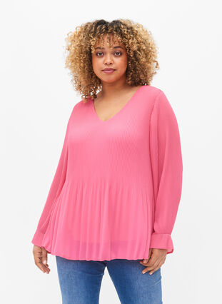 Pleated top with v-neck, Hot Pink, Model image number 0