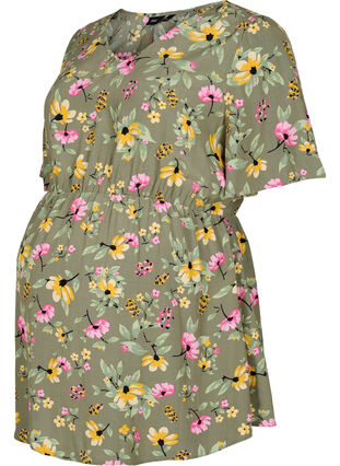 Floral maternity blouse in viscose, Green Flower Print, Packshot image number 0