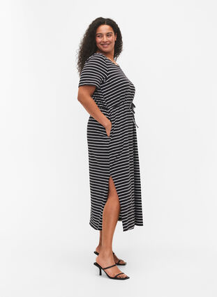 Striped midi dress in cotton with short sleeves, Black Stripe, Model image number 2