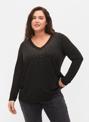Top with similiste and long sleeves, Black, Model image number 0
