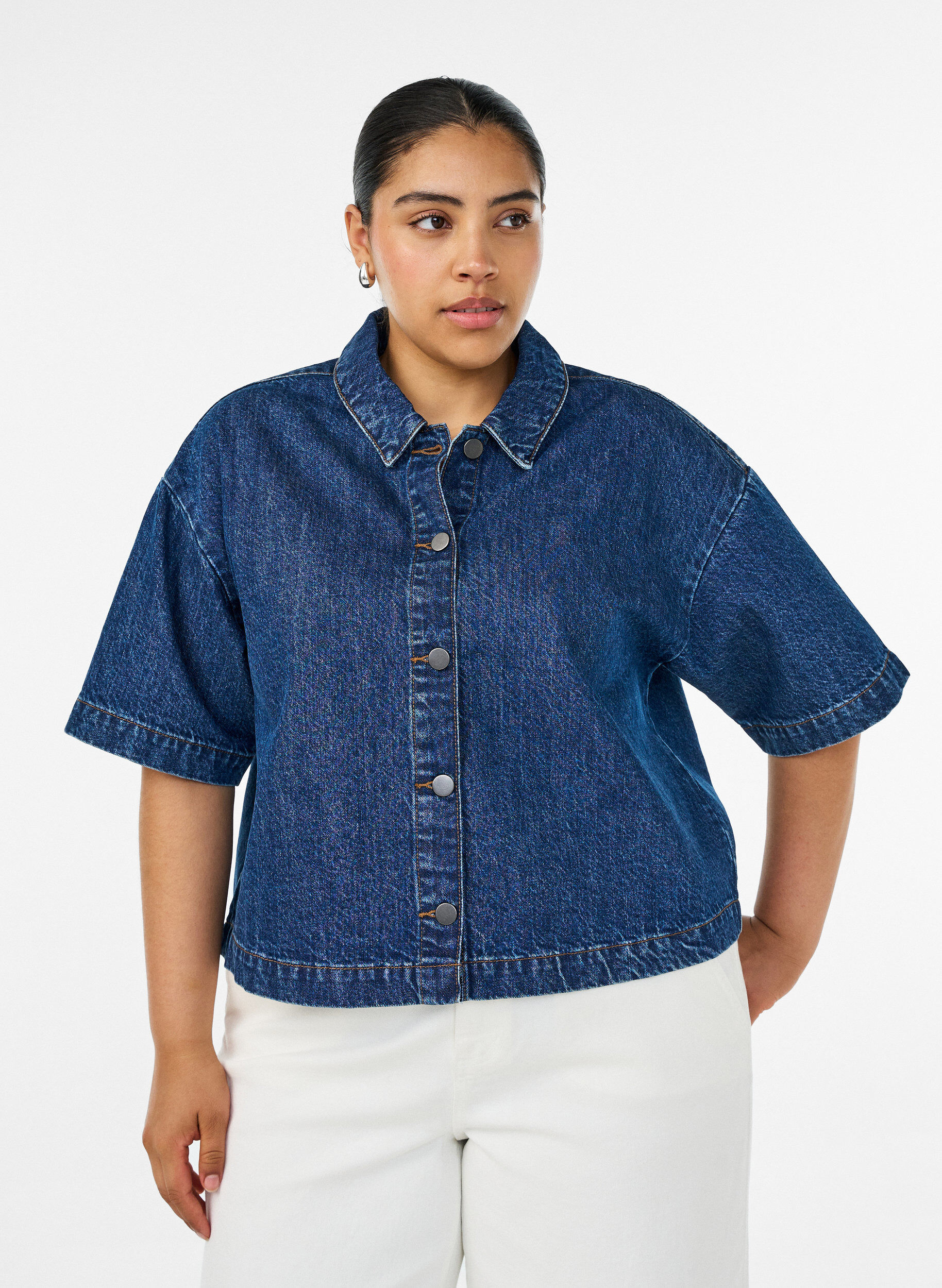 ZizzifashionShort-sleeved denim jacket with button fastening, Blue, Model image number 0