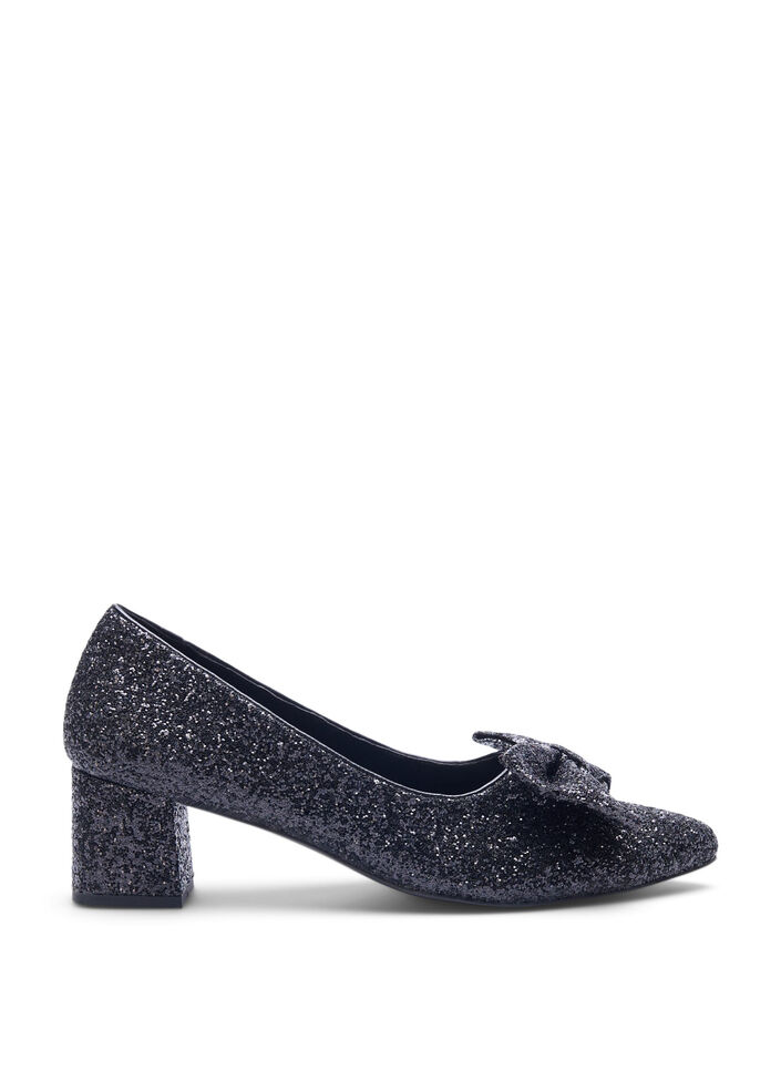 Wide fit - Glitter pump with bow, Black, Packshot image number 0