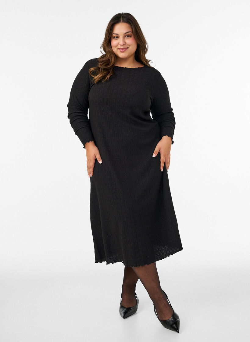 Midi dress with a wavy texture and long sleeves, Black, Model image number 1