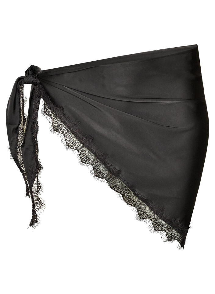 Satin scarf with lace hem, Black, Packshot image number 0