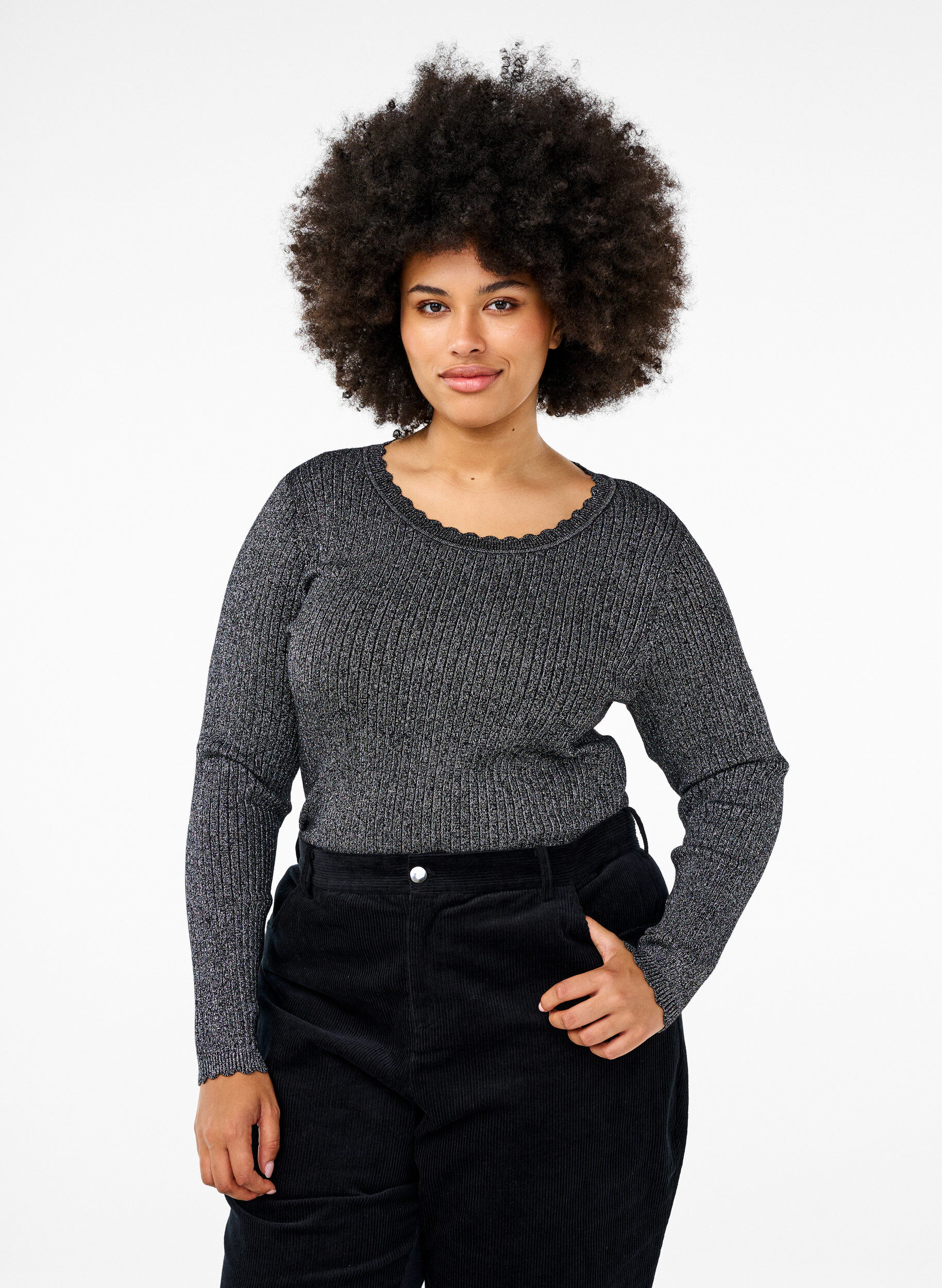 Close-fitting knitted blouse with glitter thread, Black, Model
