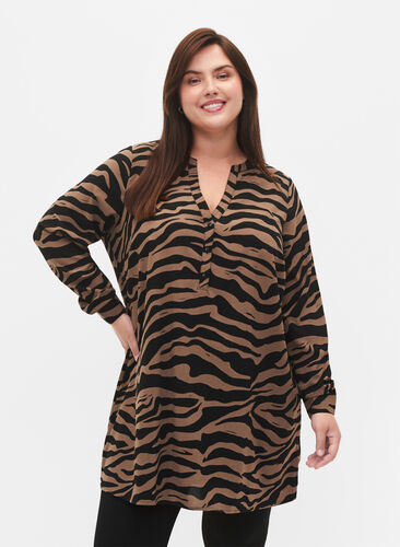 Long-sleeved tunic with zebra print, Black/Brown Zebra, Model image number 0