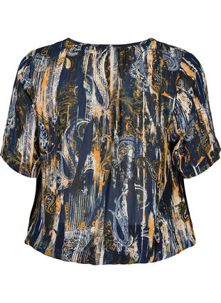 Short-sleeved viscose blouse with smock, Navy Blazer AOP, Packshot image number 1