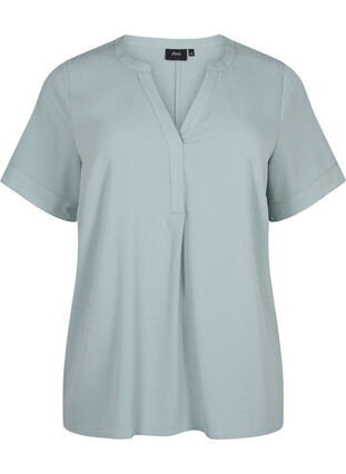 Short-sleeved blouse with v-neckline, Chinois Green, Packshot image number 0
