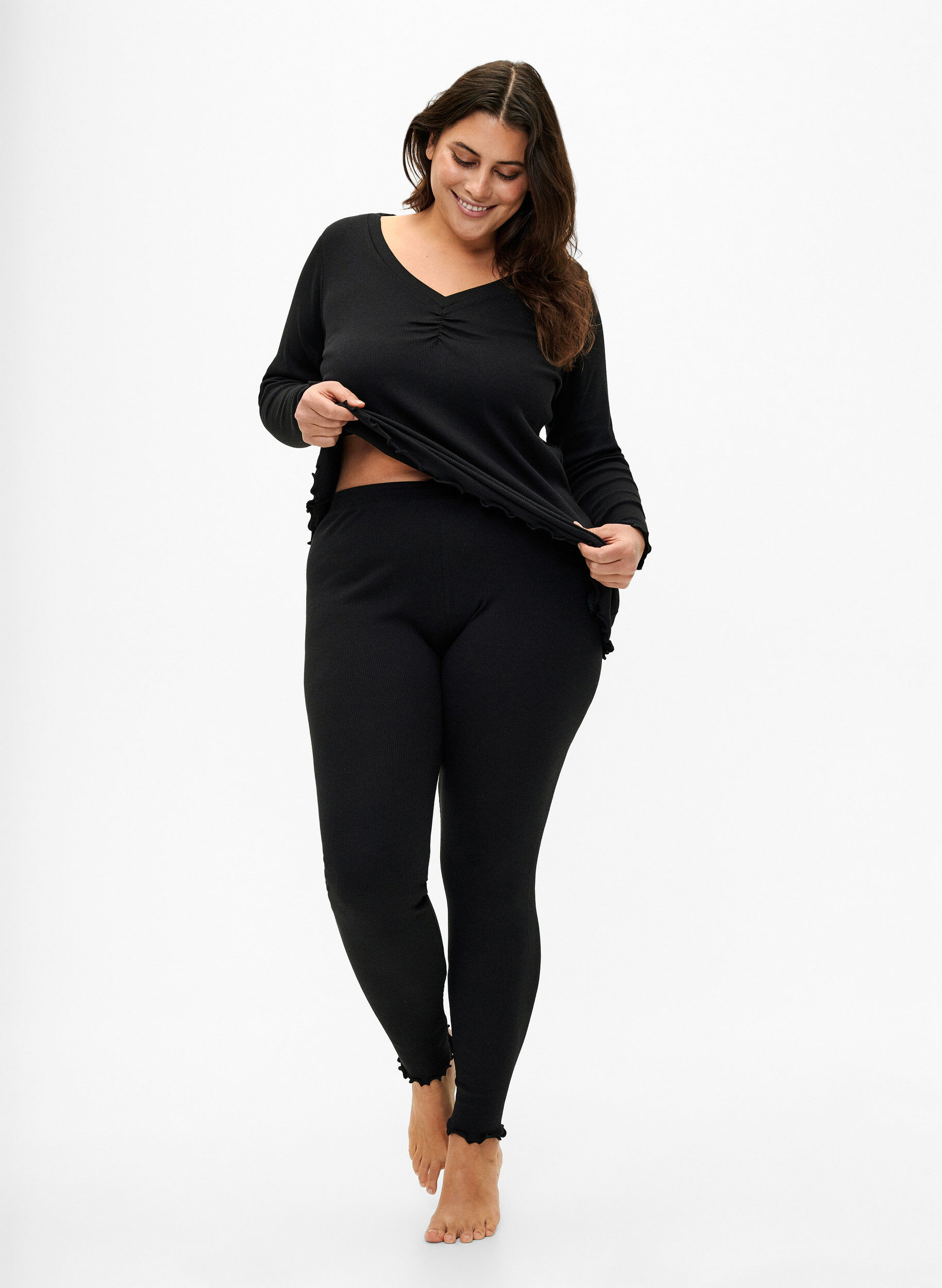 Zizzifashion Tight fit ribbed trousers, Black, Model image number 0