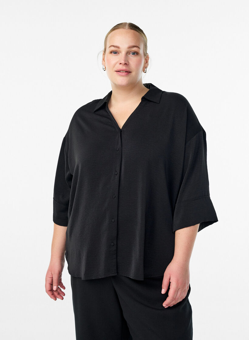 Loose shirt with a v-neck and 3/4 sleeves, Black, Model image number 0