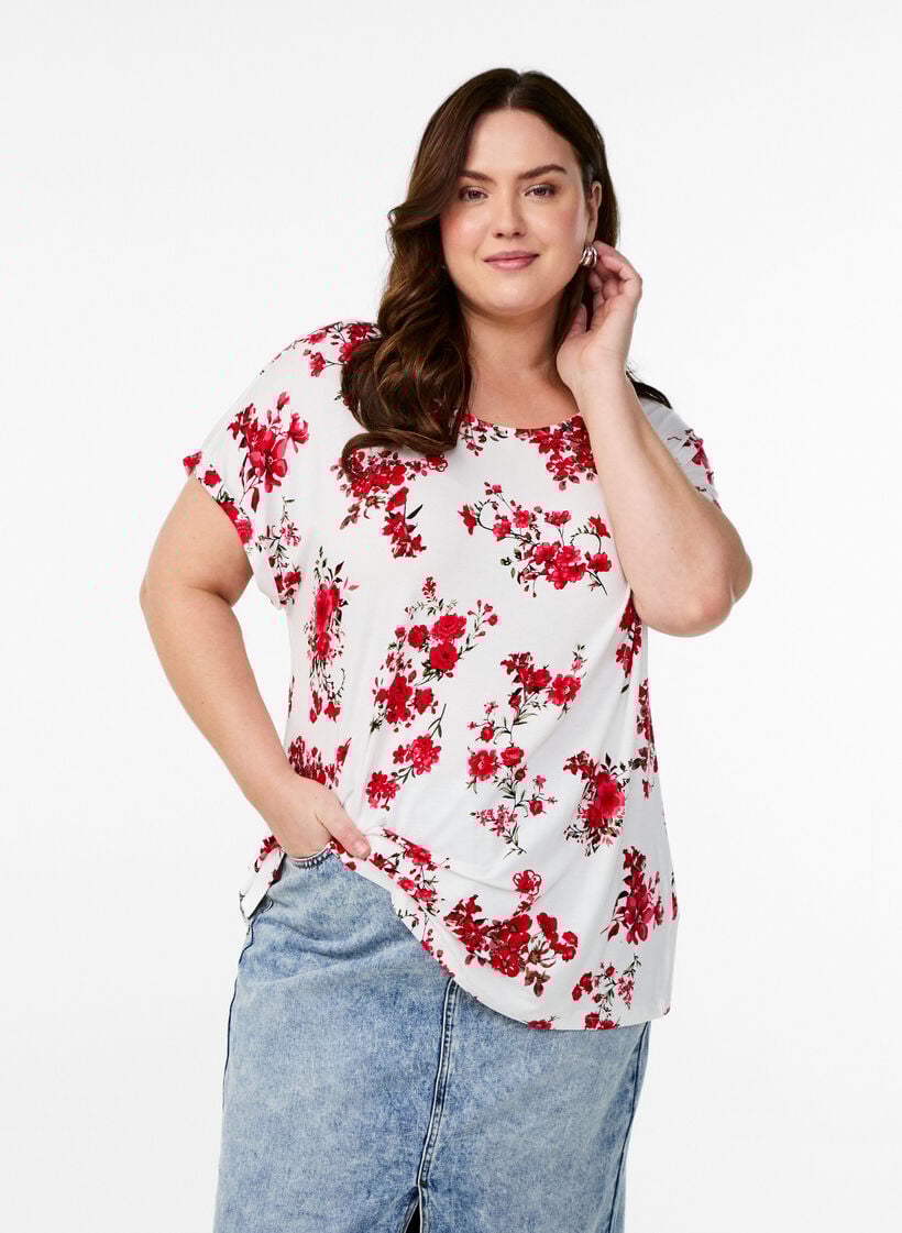 T-shirt with floral print, Red, Model image number 0