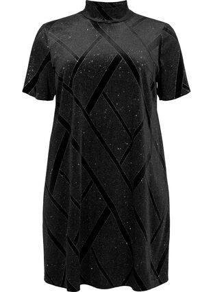 Velvet dress with glitter and turtleneck, Black, Packshot image number 0