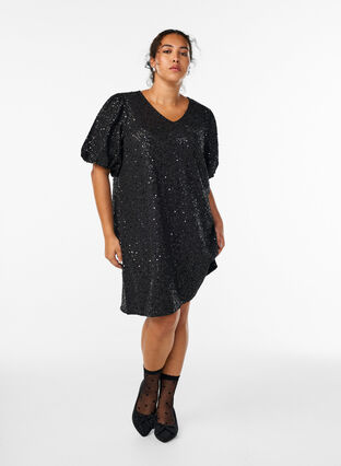 Short sequin dress with puff sleeves - Black - Sz. 40-64 - Zizzifashion Short sequin dress with puff sleeves - Black - Sz. 40-64 - Zizzifashion